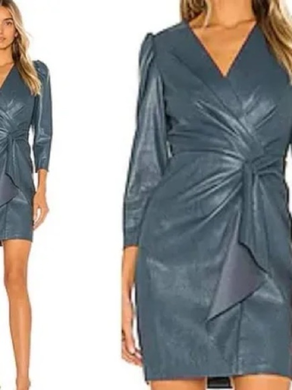Rebecca Taylor Faux Leather Knot Front Dress Blue V-Neck‎ Puffer Sleeve Size 0